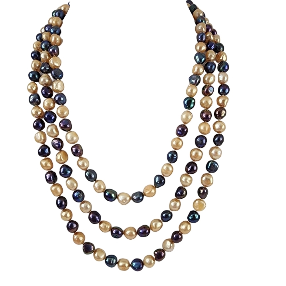 Vintage Pearl Necklace pearls hand knotted multi color extra long  A0378 Q7